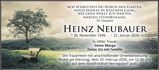 Traueranzeige von Heinz Neubauer von Märkische Oderzeitung
