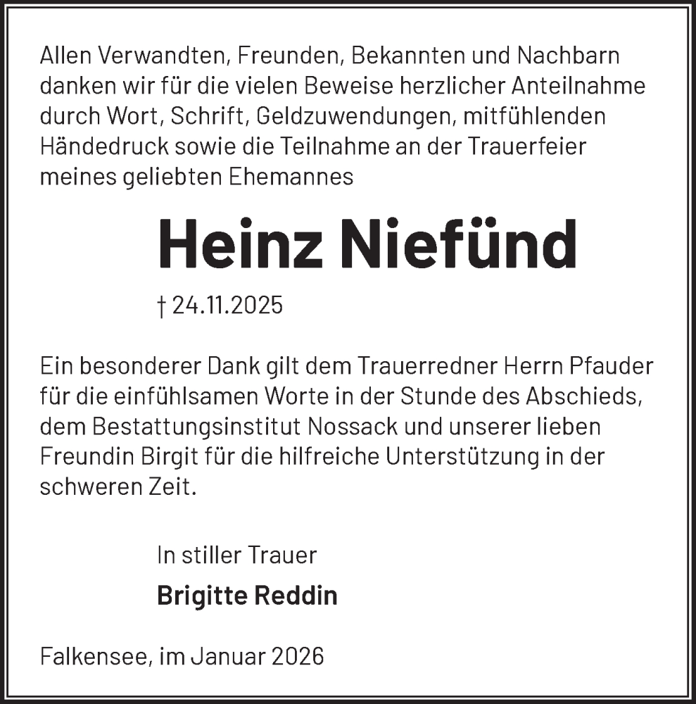  Traueranzeige für Heinz Niefünd vom 24.01.2026 aus Märkische Oderzeitung