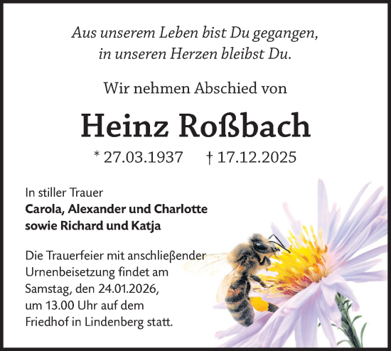 Traueranzeige von Heinz Roßbach von Märkische Oderzeitung