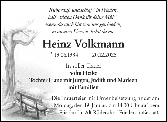 Traueranzeige von Heinz Volkmann von Märkische Oderzeitung