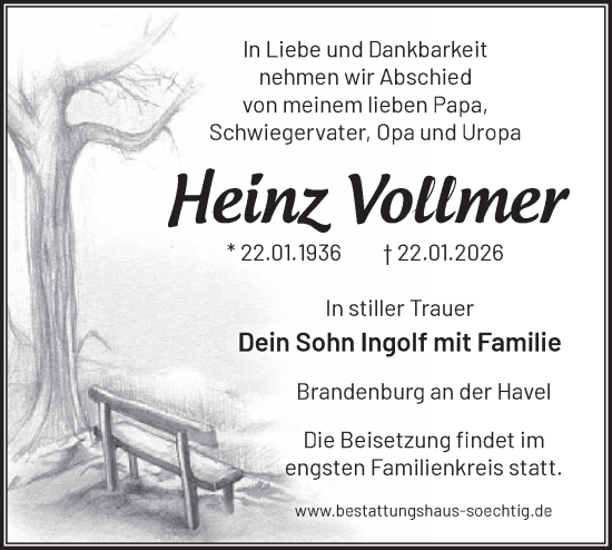 Traueranzeige von Heinz Vollmer von Märkische Oderzeitung