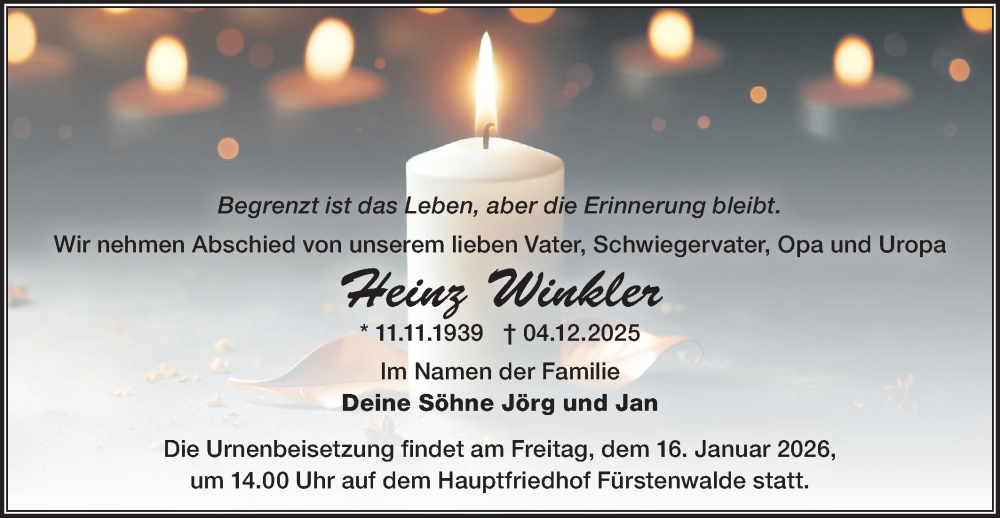  Traueranzeige für Heinz Winkler vom 19.12.2025 aus Märkische Oderzeitung
