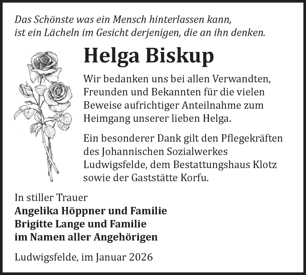  Traueranzeige für Helga Biskup vom 31.01.2026 aus Blickpunkt Ludwigsfelde/Zossen