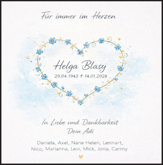 Traueranzeige von Helga Blasy von Blickpunkt Jüterbog/Luckenwalde