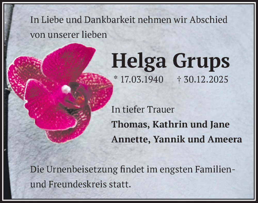  Traueranzeige für Helga Grups vom 10.01.2026 aus Märkische Oderzeitung