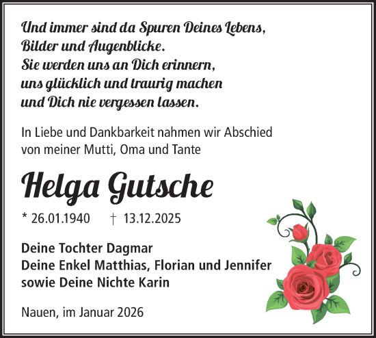 Traueranzeige von Helga Gutsche von Märkische Oderzeitung