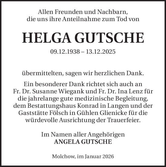 Traueranzeige von Helga Gutsche von Märkische Oderzeitung