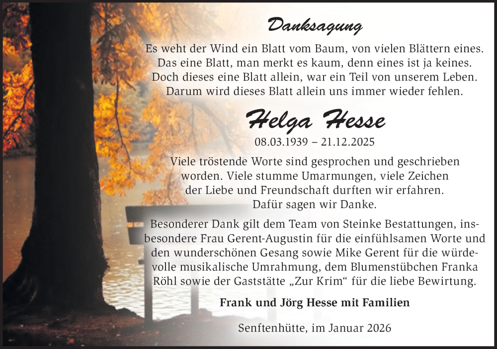  Traueranzeige für Helga Hesse vom 24.01.2026 aus Märkische Oderzeitung
