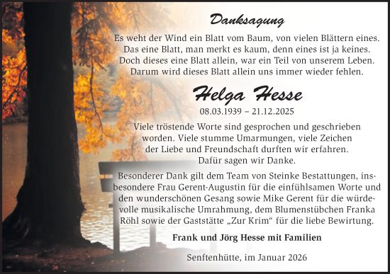 Traueranzeige von Helga Hesse von Märkische Oderzeitung