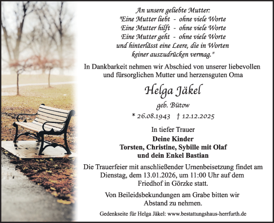 Traueranzeige von Helga Jäkel von Märkische Oderzeitung