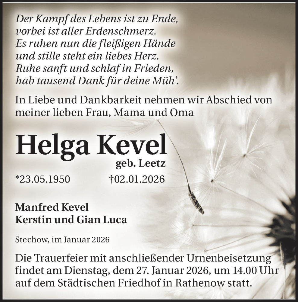  Traueranzeige für Helga Kevel vom 17.01.2026 aus Märkische Oderzeitung