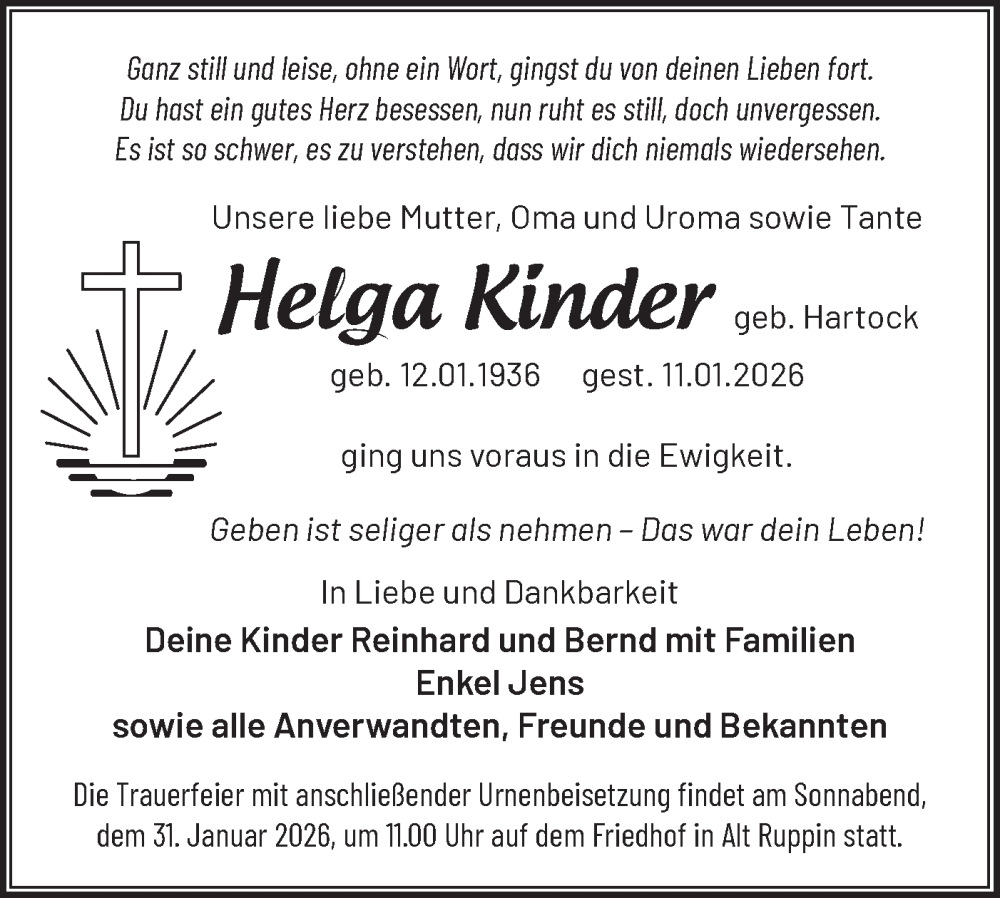  Traueranzeige für Helga Kinder vom 24.01.2026 aus Märkische Oderzeitung