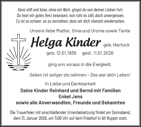 Traueranzeige von Helga Kinder von Märkische Oderzeitung