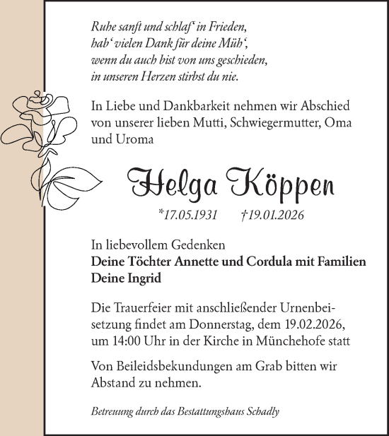 Traueranzeige von Helga Köppen von Blickpunkt Königs Wusterhausen