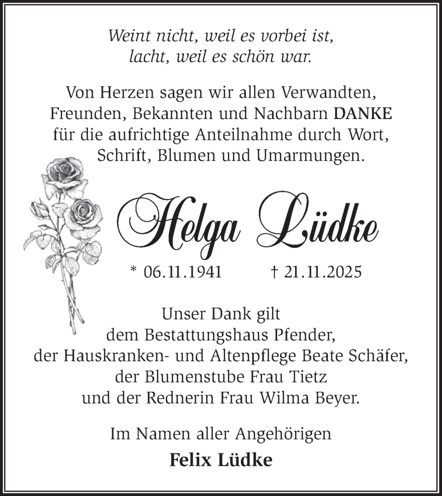  Traueranzeige für Helga Lüdke vom 03.01.2026 aus Blickpunkt Jüterbog/Luckenwalde