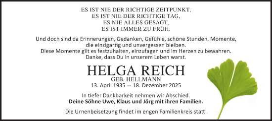 Traueranzeige von Helga Reich von Märkische Oderzeitung