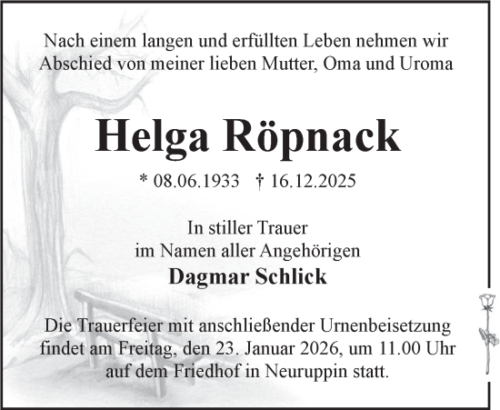 Traueranzeige von Helga Röpnack von Märkische Oderzeitung