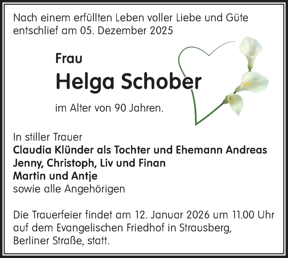  Traueranzeige für Helga Schober vom 03.01.2026 aus Märkische Oderzeitung