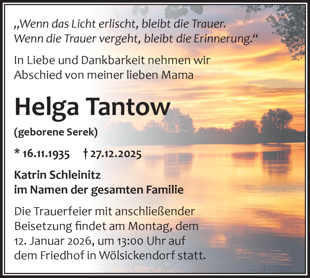  Traueranzeige für Helga Tantow vom 06.01.2026 aus MO Oderld.-Echo