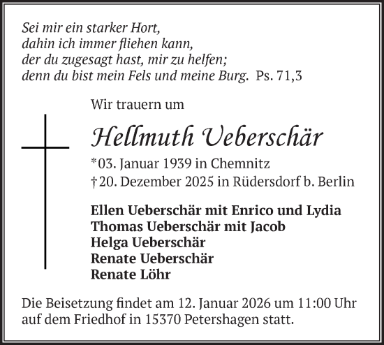 Traueranzeige von Hellmuth Ueberschär von Märkische Oderzeitung