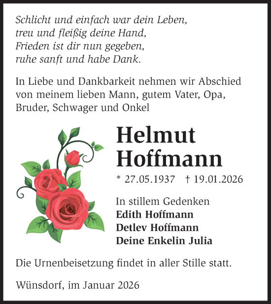 Traueranzeige von Helmut Hoffmann von Blickpunkt Ludwigsfelde/Zossen
