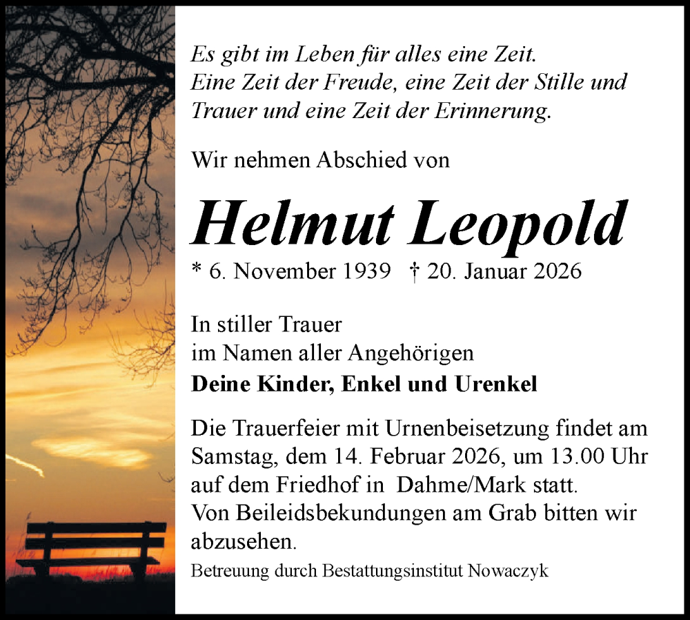  Traueranzeige für Helmut Leopold vom 31.01.2026 aus Blickpunkt Jüterbog/Luckenwalde