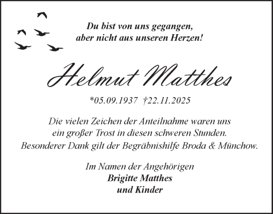Traueranzeige von Helmut Matthes von Blickpunkt Jüterbog/Luckenwalde