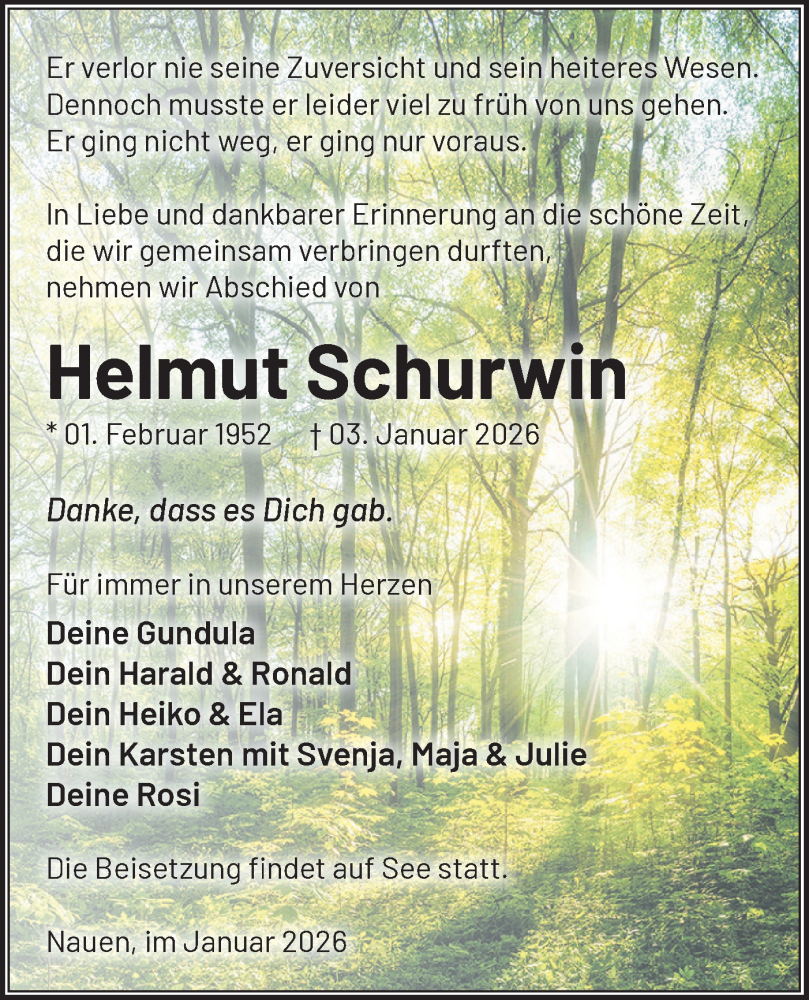  Traueranzeige für Helmut Schurwin vom 17.01.2026 aus Märkische Oderzeitung
