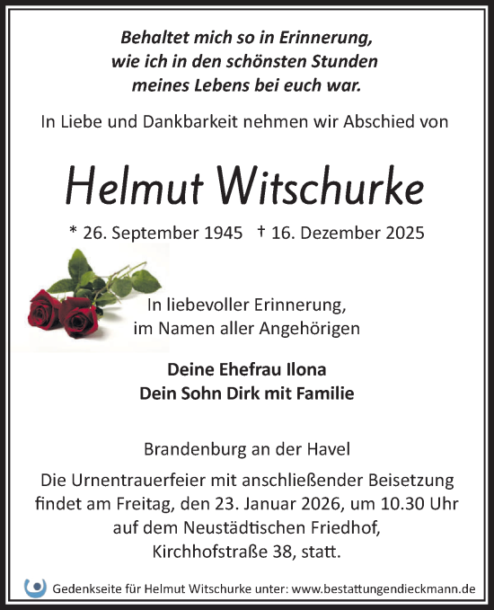 Traueranzeige von Helmut Witschurke von Märkische Oderzeitung