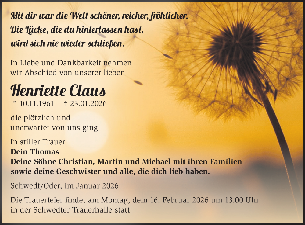  Traueranzeige für Henriette Claus vom 31.01.2026 aus MO Uckerm.-Anz.