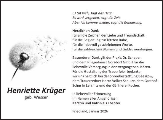 Traueranzeige von Henriette Krüger von Märkische Oderzeitung
