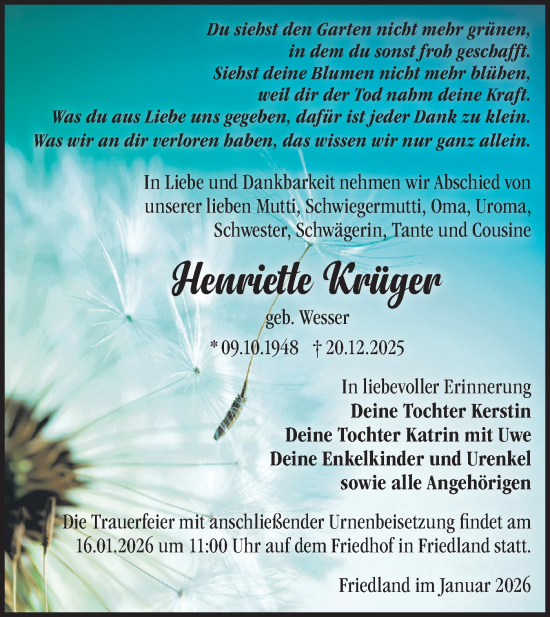 Traueranzeige von Henriette Krüger von Märkische Oderzeitung