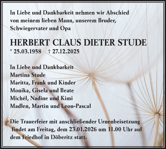 Traueranzeige von Herbert Claus Dieter Stude von Märkische Oderzeitung