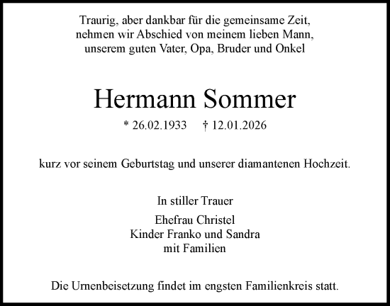 Traueranzeige von Hermann Sommer von Blickpunkt Königs Wusterhausen