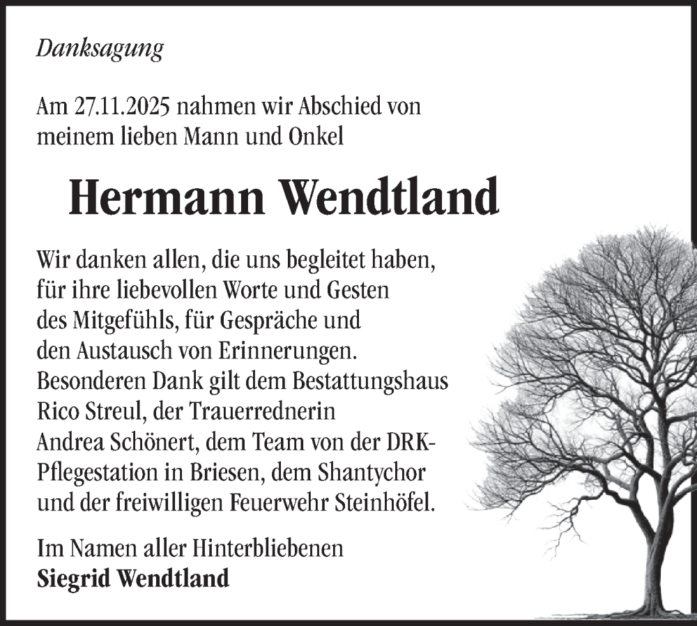  Traueranzeige für Hermann Wendtland vom 10.01.2026 aus Märkische Oderzeitung