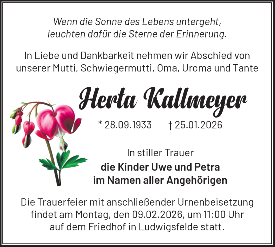 Traueranzeige von Herta Kallmeyer von Blickpunkt Ludwigsfelde/Zossen