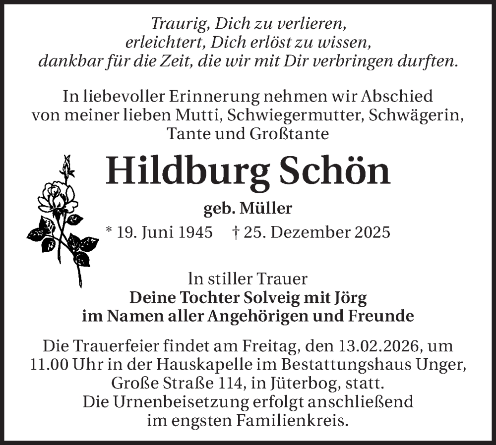  Traueranzeige für Hildburg Schön vom 17.01.2026 aus Blickpunkt Jüterbog/Luckenwalde