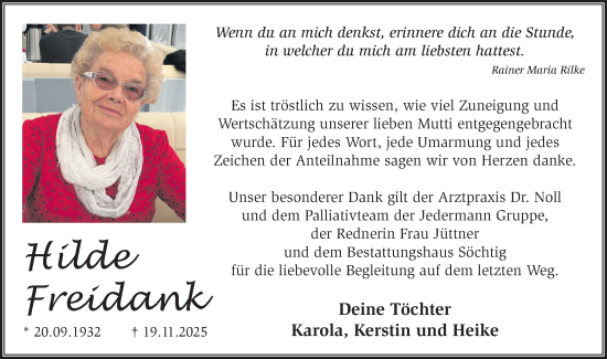 Traueranzeige von Hilde Freidank von Märkische Oderzeitung