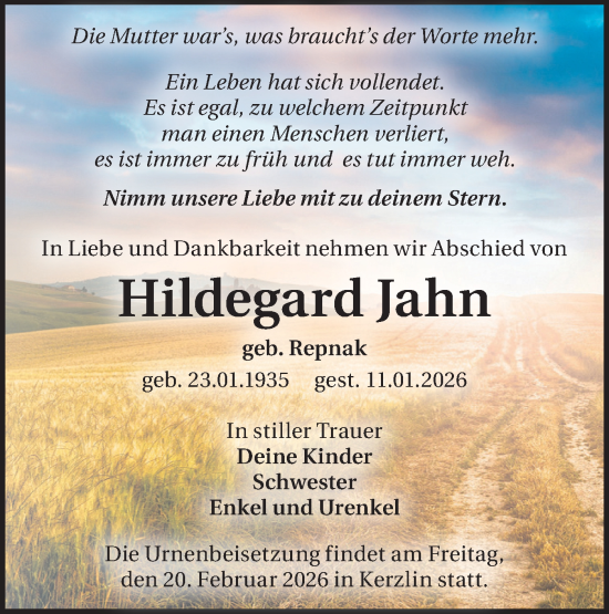Traueranzeige von Hildegard Jahn von Märkische Oderzeitung
