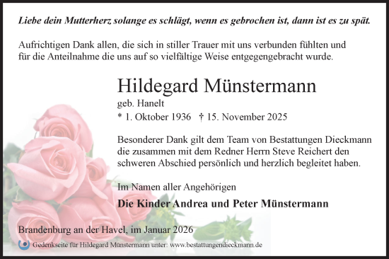 Traueranzeige von Hildegard Münstermann von Märkische Oderzeitung