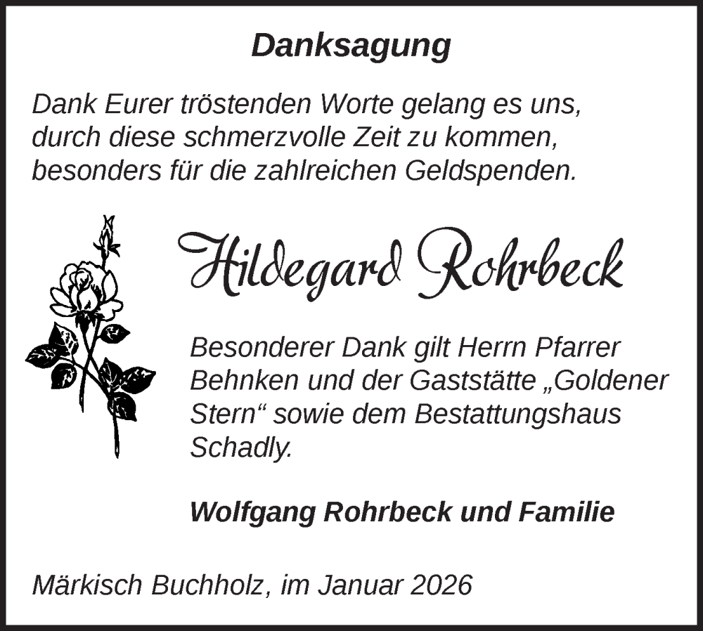  Traueranzeige für Hildegard Rohrbeck vom 24.01.2026 aus Blickpunkt Königs Wusterhausen