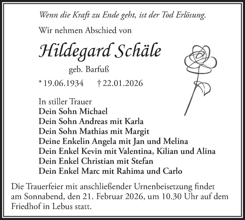  Traueranzeige für Hildegard Schäle vom 31.01.2026 aus MO Oderld.-Echo