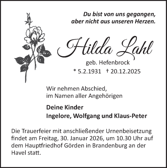 Traueranzeige von Hilka Lahl von Märkische Oderzeitung
