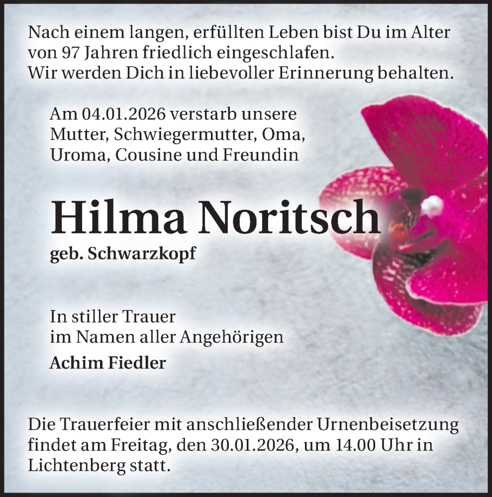 Traueranzeige für Hilma Noritsch vom 17.01.2026 aus Märkische Oderzeitung