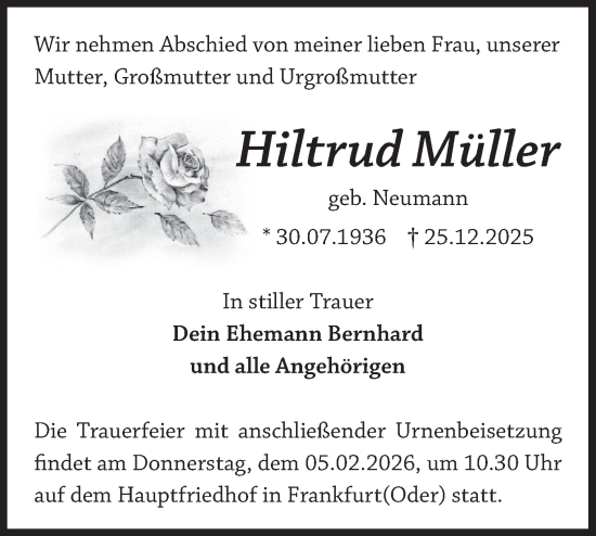 Traueranzeige von Hiltrud Müller von Märkische Oderzeitung