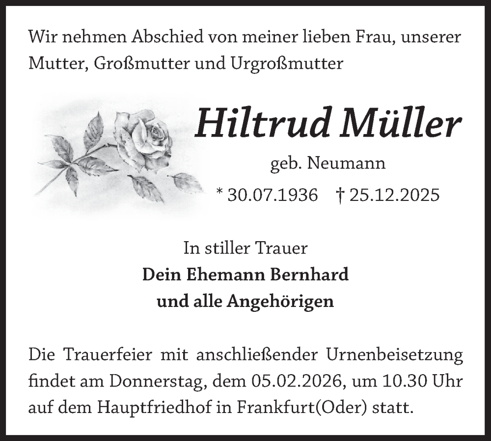  Traueranzeige für Hiltrud Müller vom 17.01.2026 aus Märkische Oderzeitung