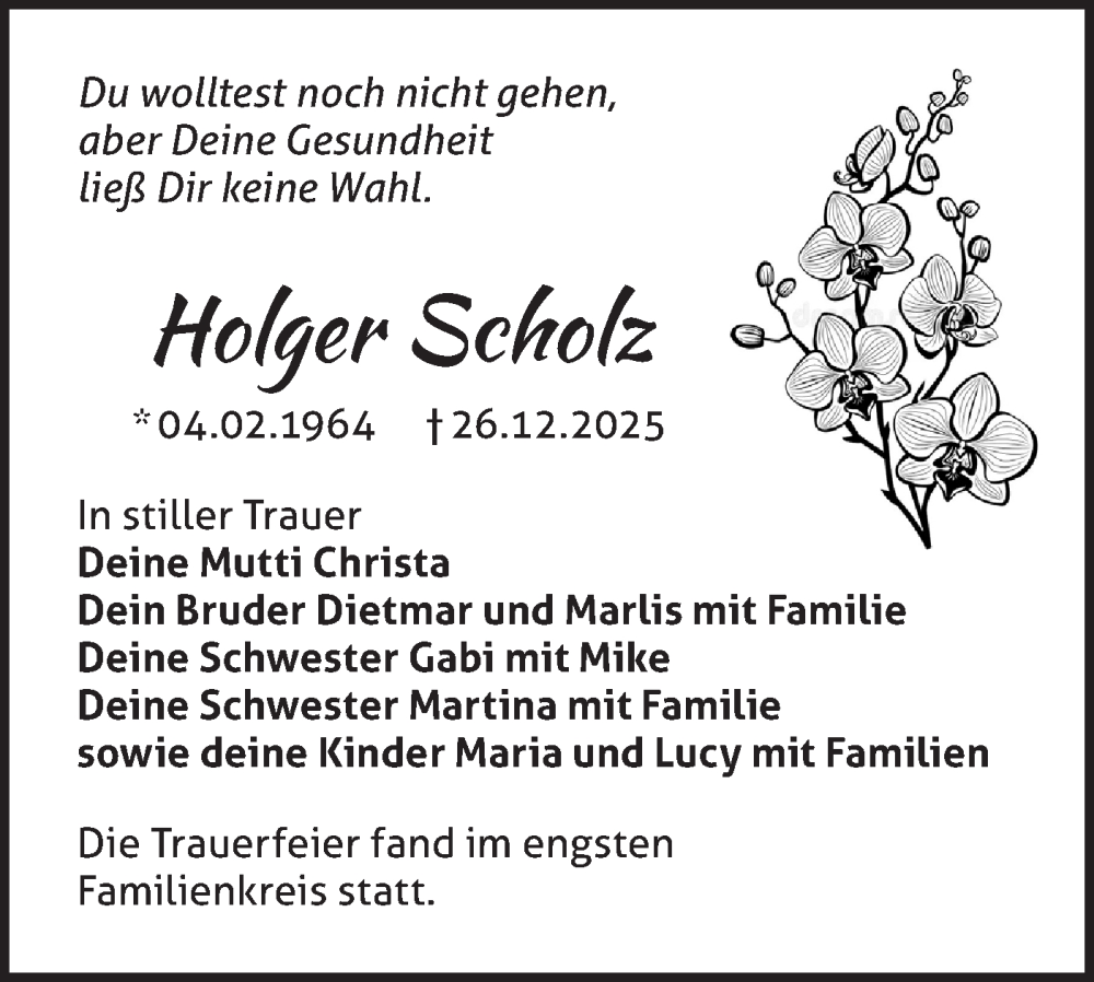  Traueranzeige für Holger Scholz vom 10.01.2026 aus Märkische Oderzeitung