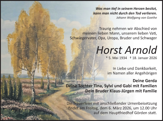 Traueranzeige von Horst Arnold von Märkische Oderzeitung