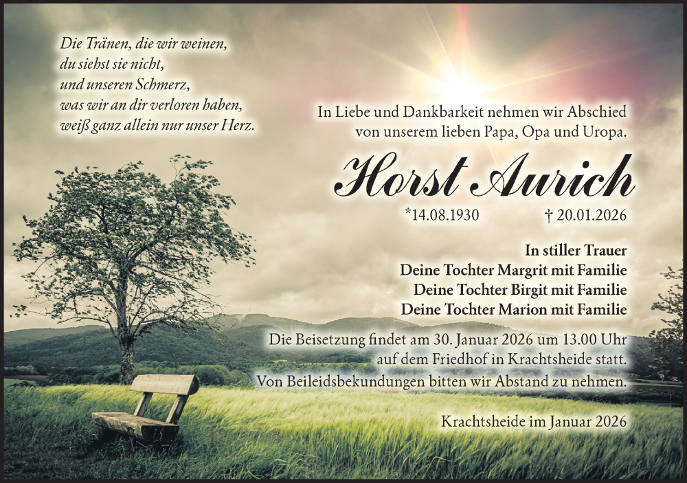  Traueranzeige für Horst Aurich vom 26.01.2026 aus Märkische Oderzeitung