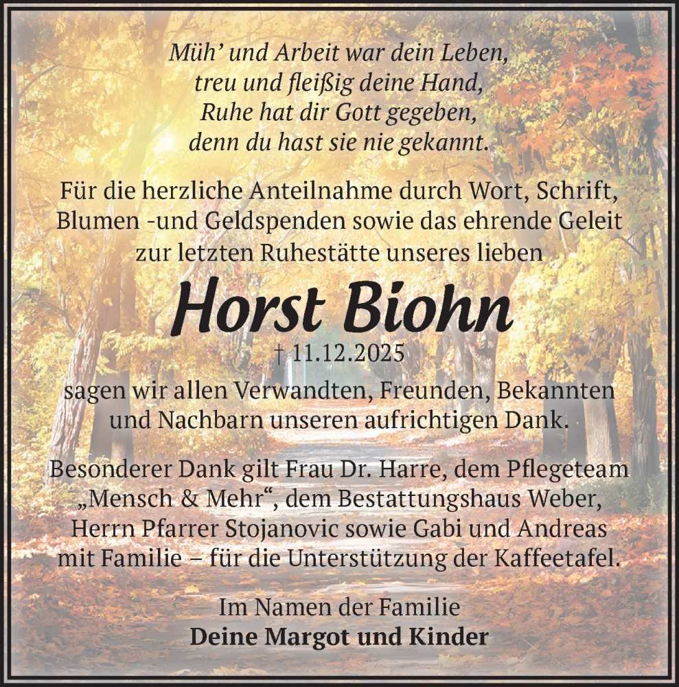  Traueranzeige für Horst Biohn vom 17.01.2026 aus Märkische Oderzeitung